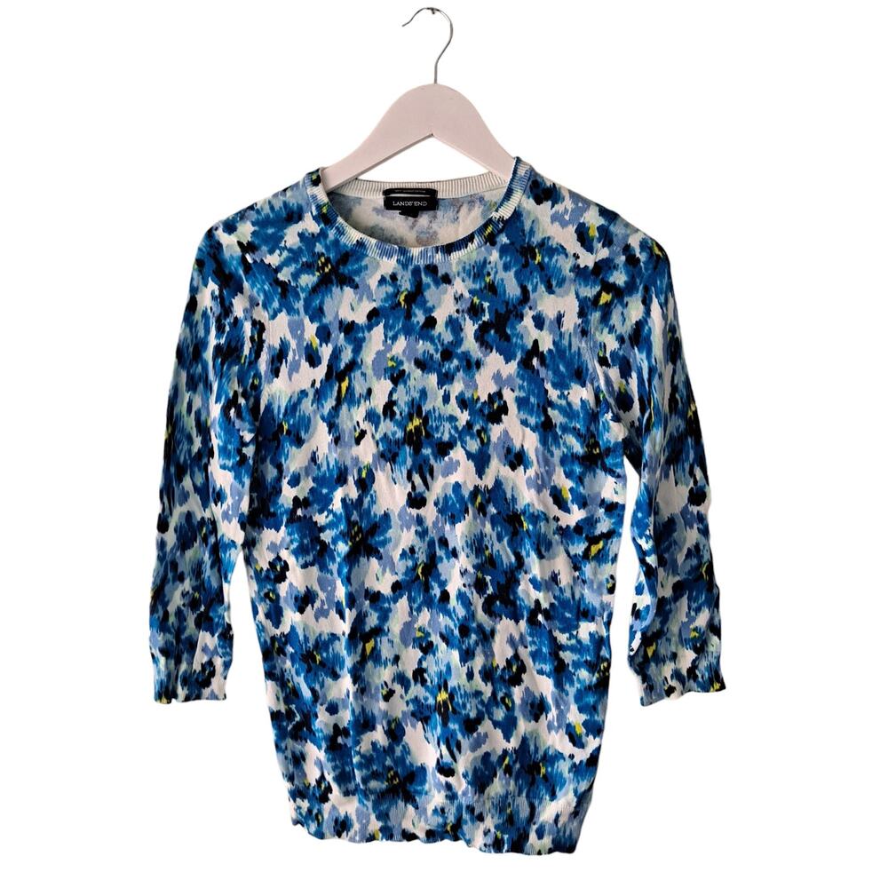 Lands End Blue White Floral Supima Cotton Pullover Sweater Top Womens Size XS